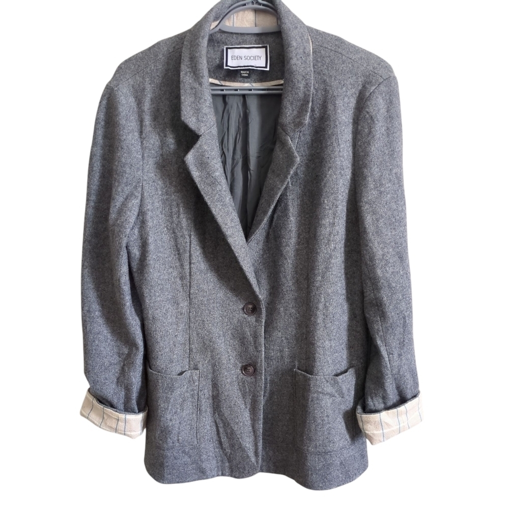 Eden Society Sonya Gray Wool Blend‎ Blazer Jacket Contrast Cuffs Size Large